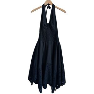 BILLY REID Black Floral Eyelet Halter Midi Dress | Handkerchief Skirt Tie Neck M